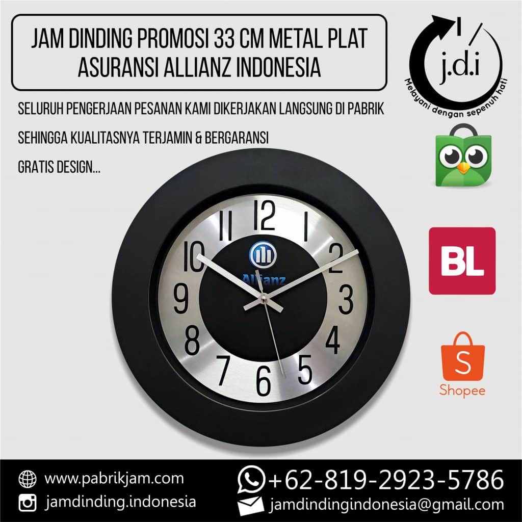 Alt Text: Tampilan depan Jam Dinding Custom Allianz 33cm Metal plat silver premium, produksi https://pabrikjam.com untuk souvenir perusahaan.