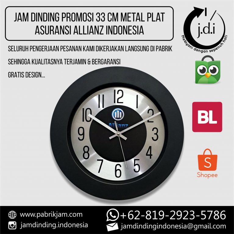 Alt Text: Tampilan depan Jam Dinding Custom Allianz 33cm Metal plat silver premium, produksi https://pabrikjam.com untuk souvenir perusahaan.