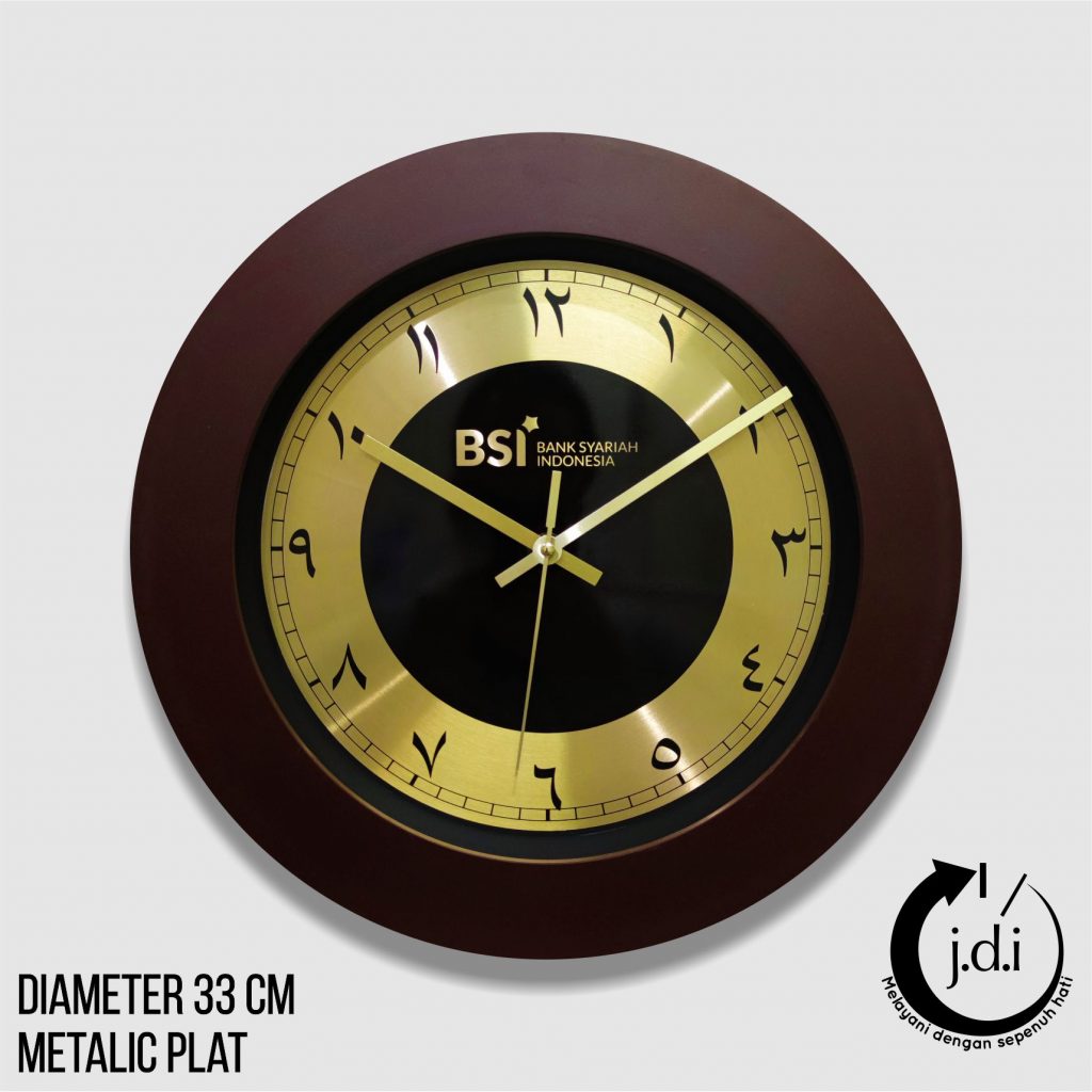 Souvenir jam dinding BSI angka arab promosi metalik gold https://pabrikjam.com