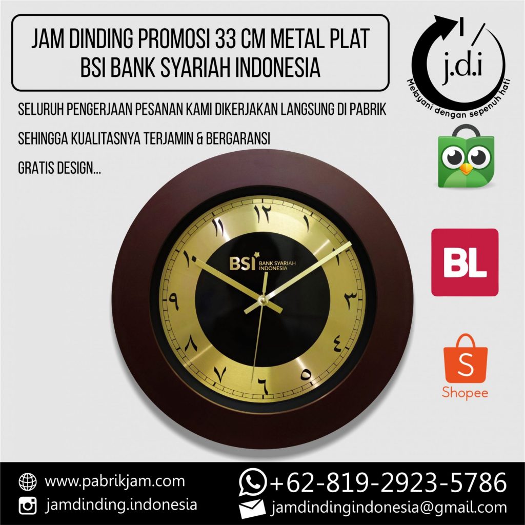 Jam dinding BSI angka arab metalik 33cm eksklusif dari https://pabrikjam.com