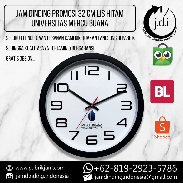 Souvenir Jam Dinding Universitas Mercu Buana 32cm Putih Hitam elegan produksi https://pabrikjam.com