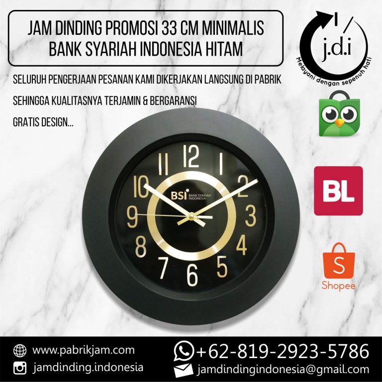 SOUVENIR JAM DINDING PROMOSI 33 CM MINIMALIS MODERN BSI BANK SYARIAH INDONESIA BLACK