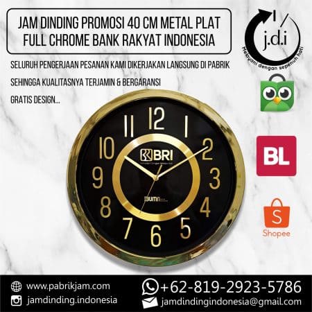 SOUVENIR JAM DINDING PROMOSI 40 CM METAL PLAT FULL GOLD CHROME BRI BANK RAKYAT INDONESIA
