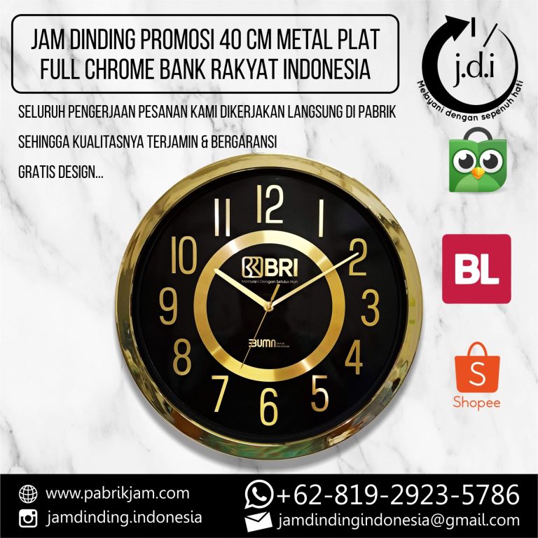 SOUVENIR JAM DINDING PROMOSI 40 CM METAL PLAT FULL GOLD CHROME BRI BANK RAKYAT INDONESIA