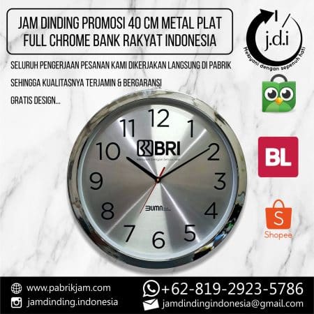 SOUVENIR JAM DINDING PROMOSI 40 CM METAL PLAT FULL SILVER CHROME BRI BANK RAKYAT INDONESIA