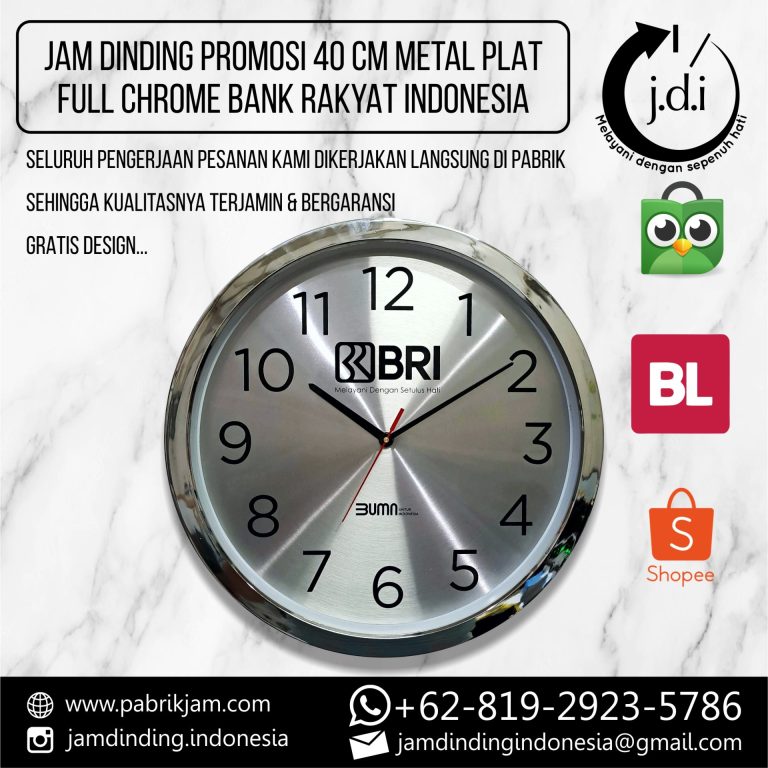 SOUVENIR JAM DINDING PROMOSI 40 CM METAL PLAT FULL SILVER CHROME BRI BANK RAKYAT INDONESIA
