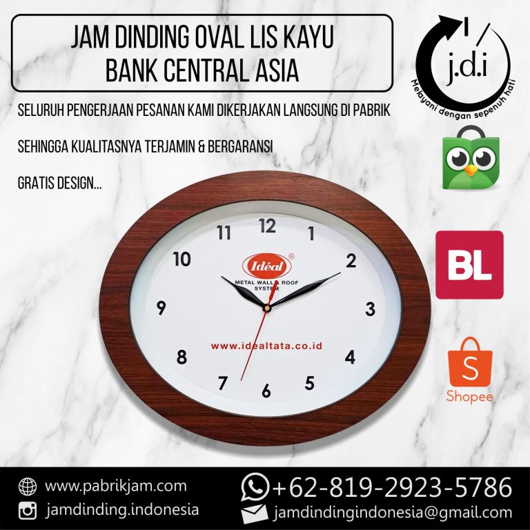 Jam Dinding Custom Oval Kayu Idéal Metal untuk souvenir perusahaan, pesan di https://pabrikjam.com.