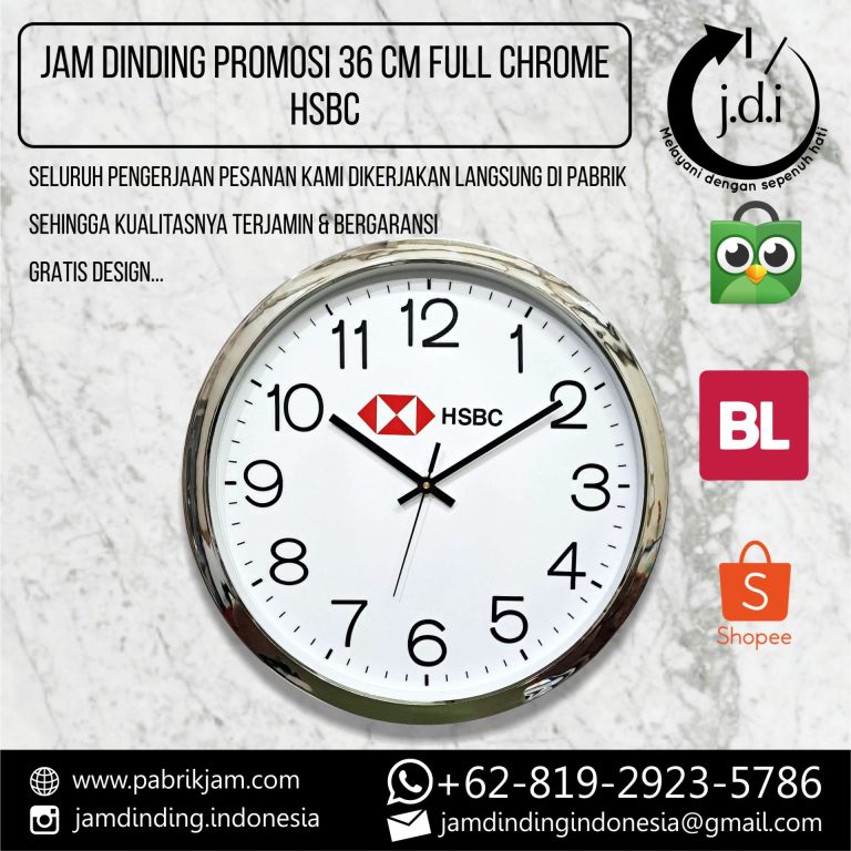 Tampilan depan Jam Dinding Custom HSBC 36cm Angka Timbul Chrome premium dari https://pabrikjam.com.