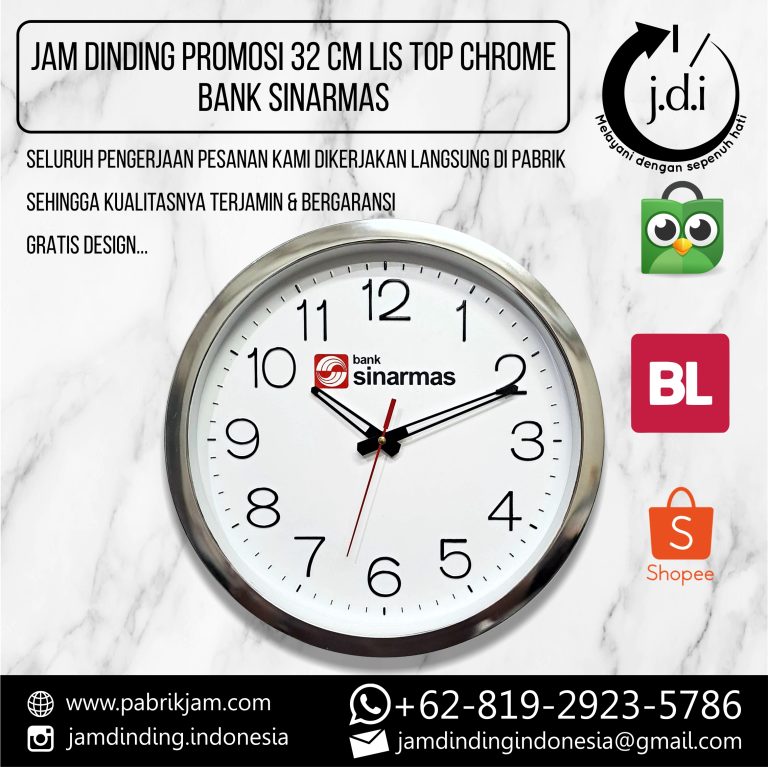 Souvenir Jam Dinding Bank SinarMas 32cm Angka Timbul Chrome pesanan korporat di https://pabrikjam.com.