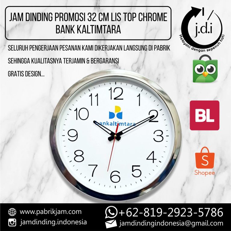 Tampilan depan jam dinding custom bpd kaltimtara 32cm dengan frame chrome produksi https://pabrikjam.com