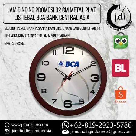 Jam Dinding Custom BCA 32cm Metal Silver Coklat untuk souvenir perusahaan dari https://pabrikjam.com.