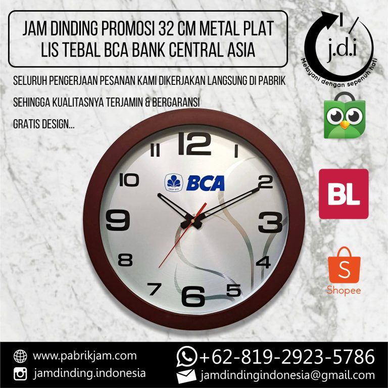 Jam Dinding Custom BCA 32cm Metal Silver Coklat untuk souvenir perusahaan dari https://pabrikjam.com.