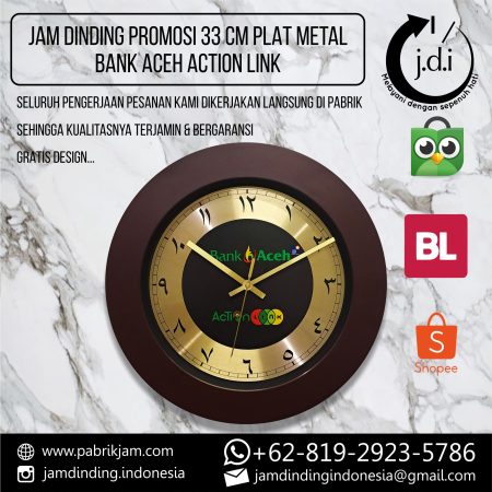 SOUVENIR MERCHANDISE JAM DINDING PROMOSI 33 CM PLAT METAL GOLD ANGKA ARAB BANK ACEH ACTION LINK