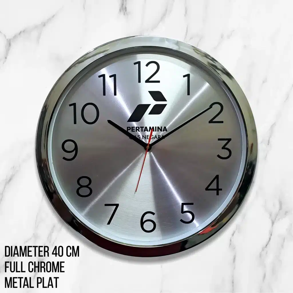 SOUVENIR JAM DINDING PROMOSI 40 CM METAL PLAT FULL SILVER CHROME PERTAMINA GAS NEGARA