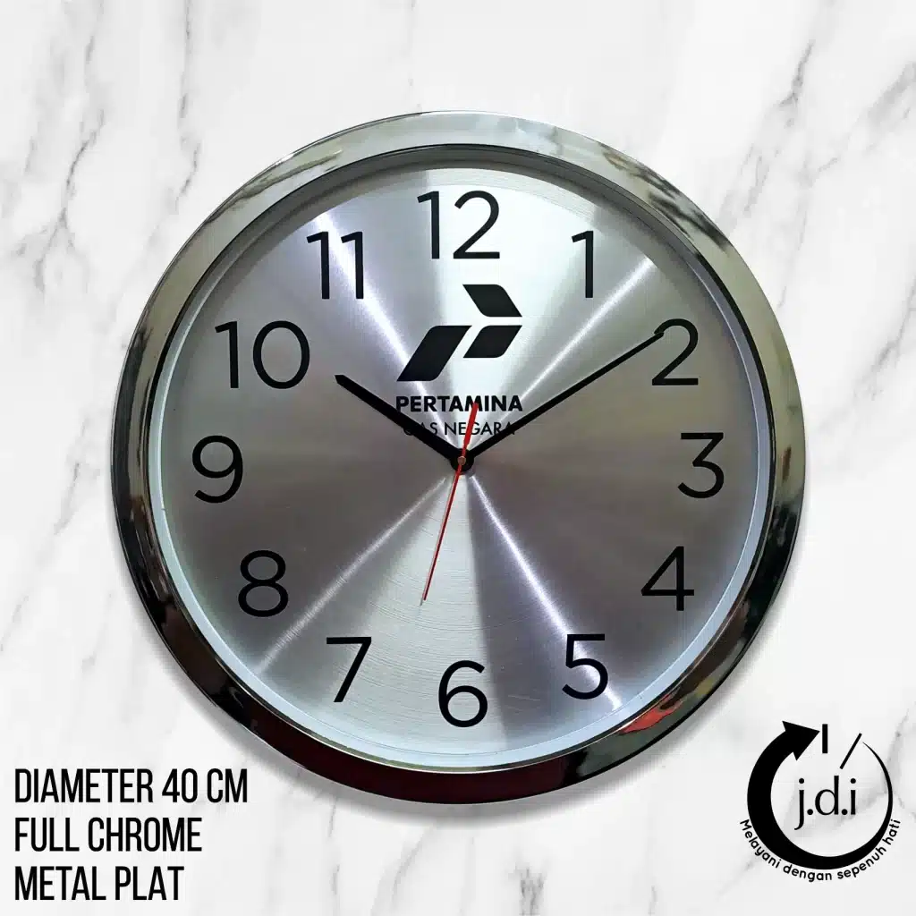 SOUVENIR JAM DINDING PROMOSI 40 CM METAL PLAT FULL SILVER CHROME PERTAMINA GAS NEGARA