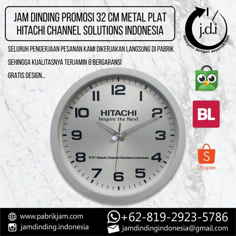 Contoh produk Jam Dinding Custom Hitachi 32cm Metal Plat untuk branding korporat dari https://pabrikjam.com.