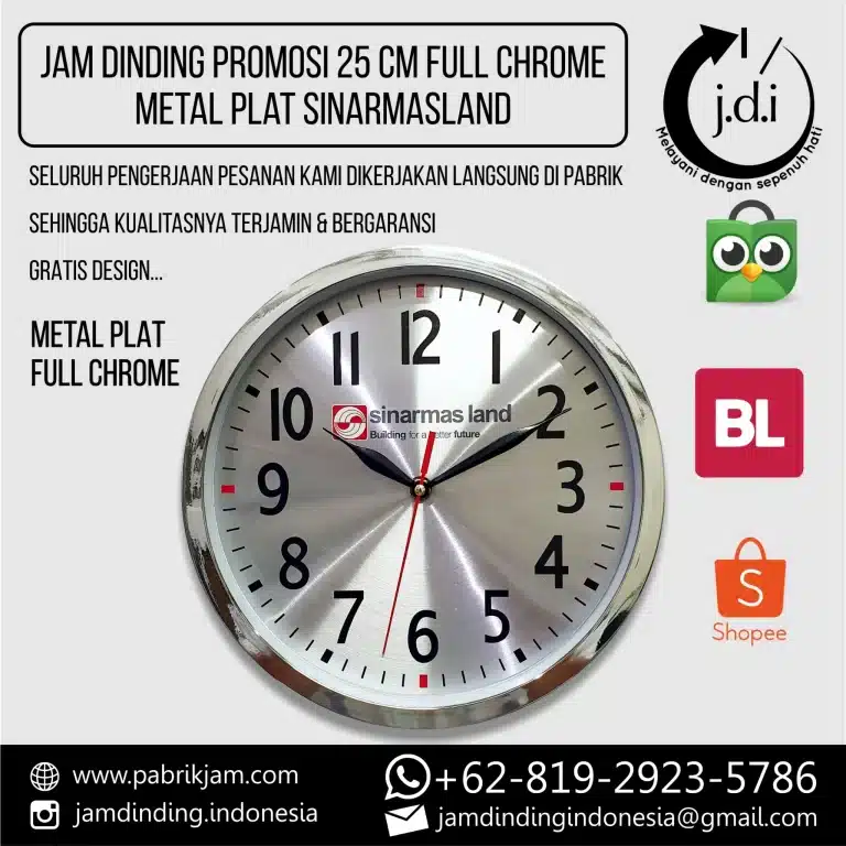 Jam dinding Sinarmas Land 25 cm full chrome metal plat untuk promosi