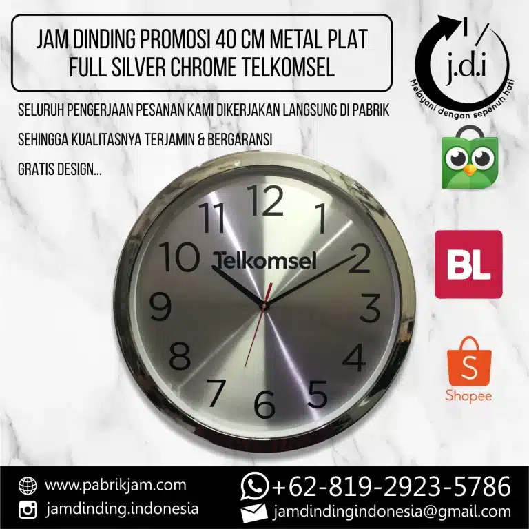 Jam Dinding Custom Telkomsel 40cm Metal Full Chrome Silver premium untuk souvenir perusahaan dari https://pabrikjam.com.