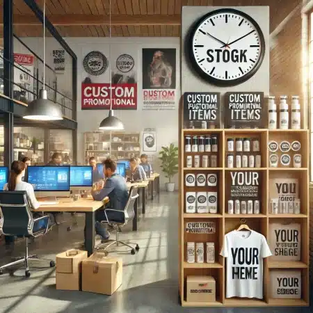 Barang promosi murah seperti jam dinding, stiker, dan kaus custom yang ditampilkan di rak dalam kantor perusahaan modern.