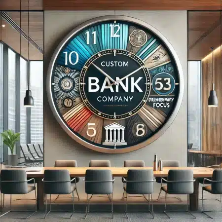 Jam dinding bank kontemporer dengan warna perusahaan pada bingkai dan jarum jam, serta logo di bagian bawah, ditempatkan di ruang rapat dengan pemandangan kota.