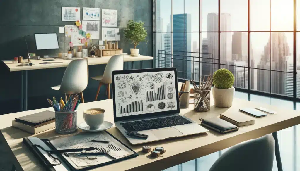 Meja kerja rapi dengan laptop, kopi, dan catatan strategi bisnis, fokus pada sales dan marketing