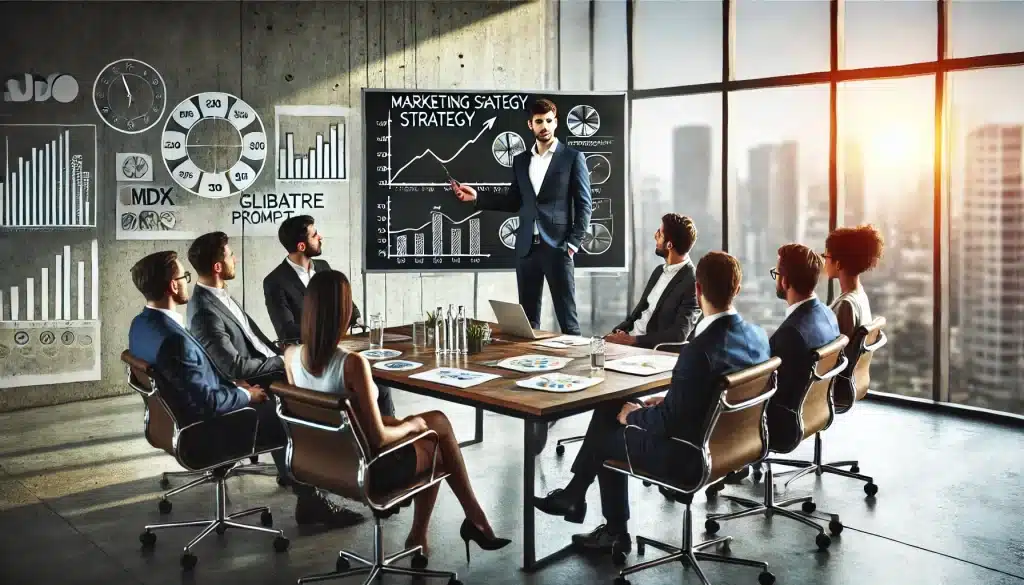 Pengusaha muda mempresentasikan strategi marketing kepada timnya, fokus pada sales dan marketing