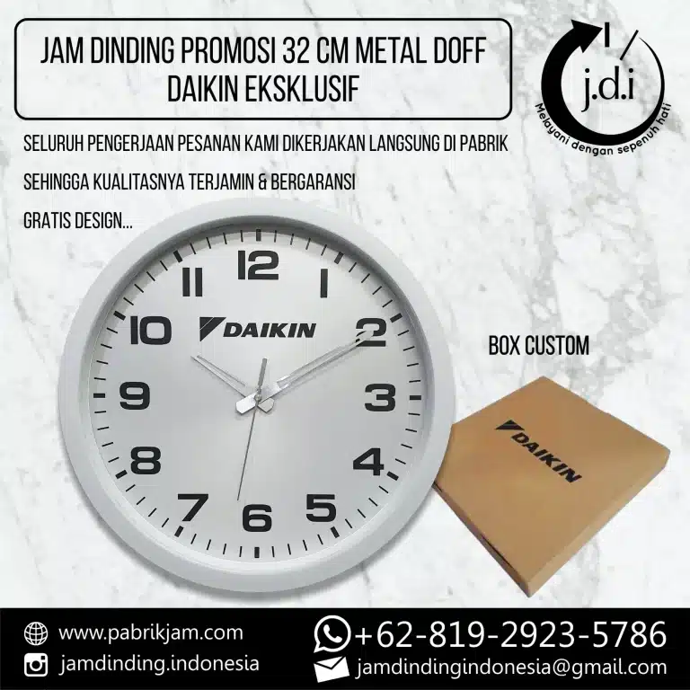 Paket Souvenir Jam Dinding Daikin 32cm Metal Silver grey lengkap dengan dus custom eksklusif dari https://pabrikjam.com.