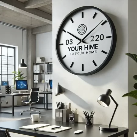 Jam dinding custom dengan logo perusahaan ditempatkan di ruang kantor minimalis, menonjolkan branding perusahaan melalui souvenir untuk promosi.