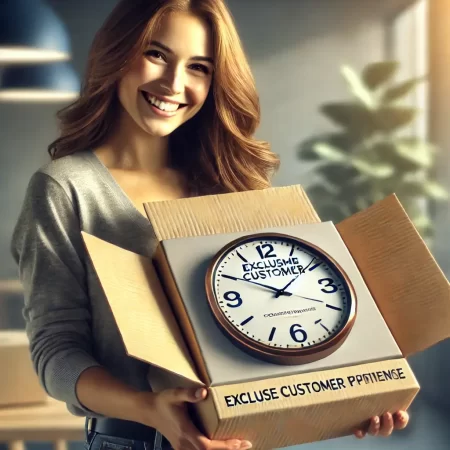 Seorang pelanggan tersenyum menerima jam dinding custom dalam kemasan eksklusif dengan branding perusahaan, menunjukkan pengalaman pelanggan yang positif.
