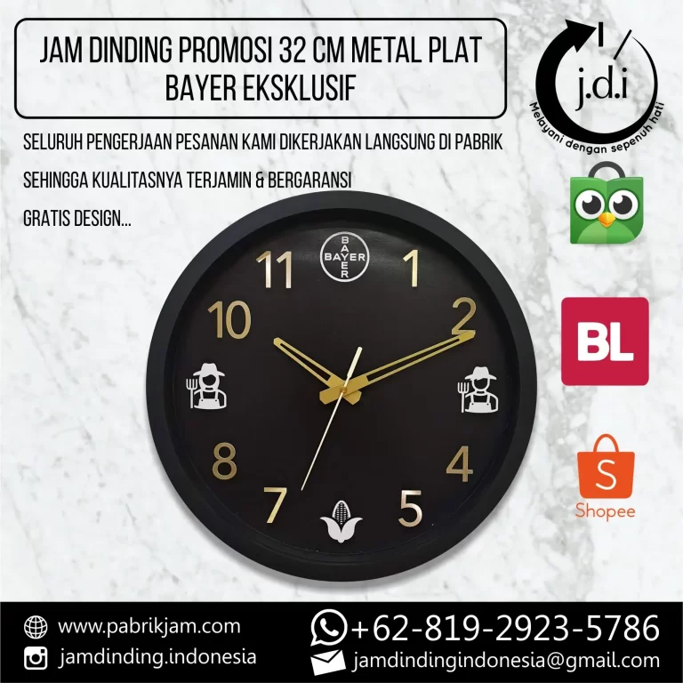 Jam dinding Bayer 32cm dengan sablon dua warna, eksklusif dari pabrikjam.com