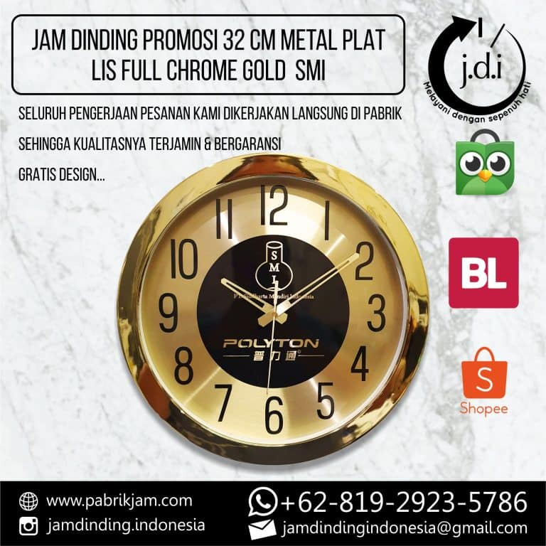 Jam dinding promosi 32 cm metal plat lis full chrome dari Siddharta Mandiri Indonesia dengan logo Polytron. Kunjungi https://pabrikjam.com untuk informasi lebih lanjut.