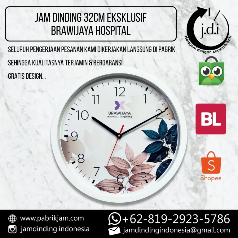 Jam dinding Brawijaya Hospital berdiameter 32 cm dengan desain daun warna-warni, menampilkan logo Brawijaya Hospital di bagian atas.