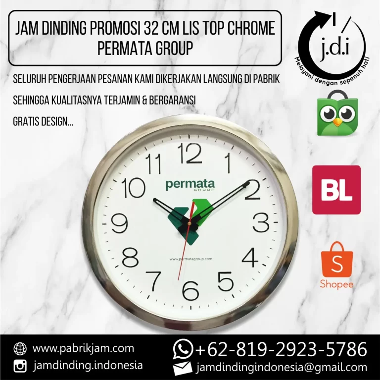 Jam dinding Permata Group diameter 32cm, lis top chrome, dengan desain minimalis untuk promosi perusahaan, tersedia di https://pabrikjam.com