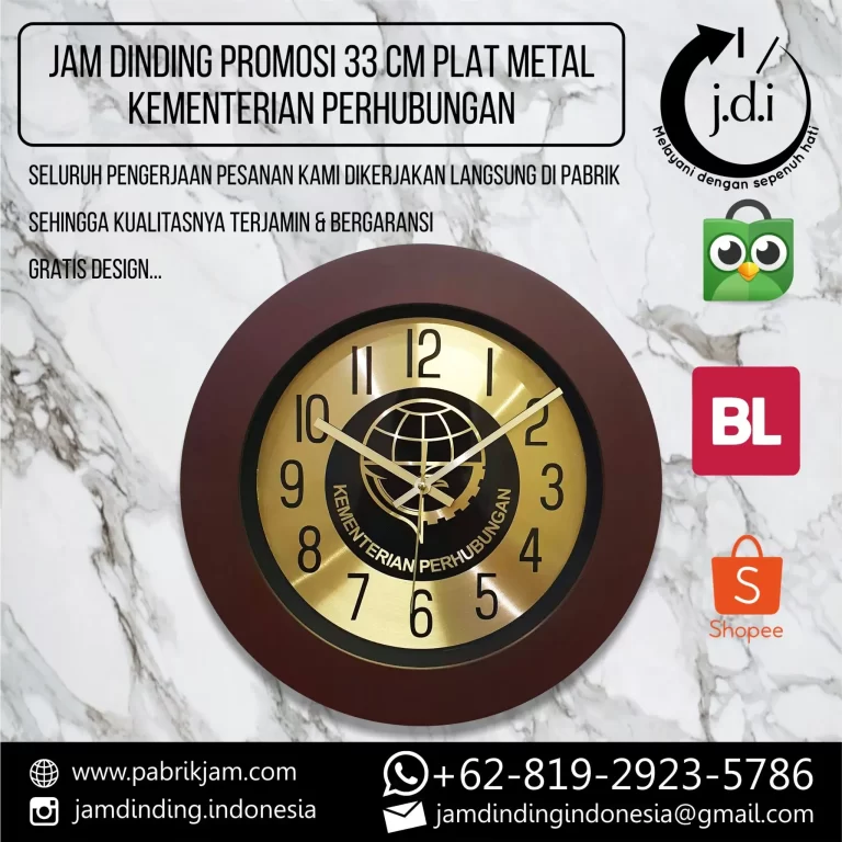Jam dinding Kementerian Perhubungan 33cm dengan desain elegan berbahan plat metal