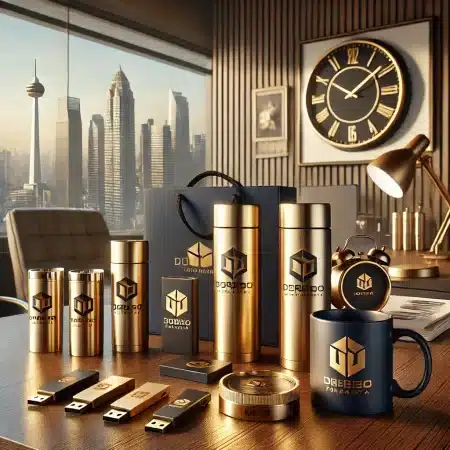 Berbagai souvenir premium Jakarta seperti flashdisk, tumbler, mug, dan jam dinding custom dengan logo perusahaan, disusun elegan di meja kantor dengan latar belakang Jakarta.