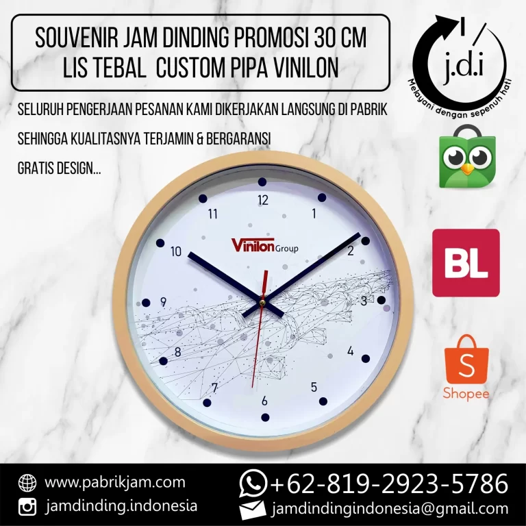 Jam dinding Vinilon custom 30cm dengan logo Vinilon, desain elegan, dan lis tebal berbahan pipa Vinilon - tersedia di Pabrikjam.com.