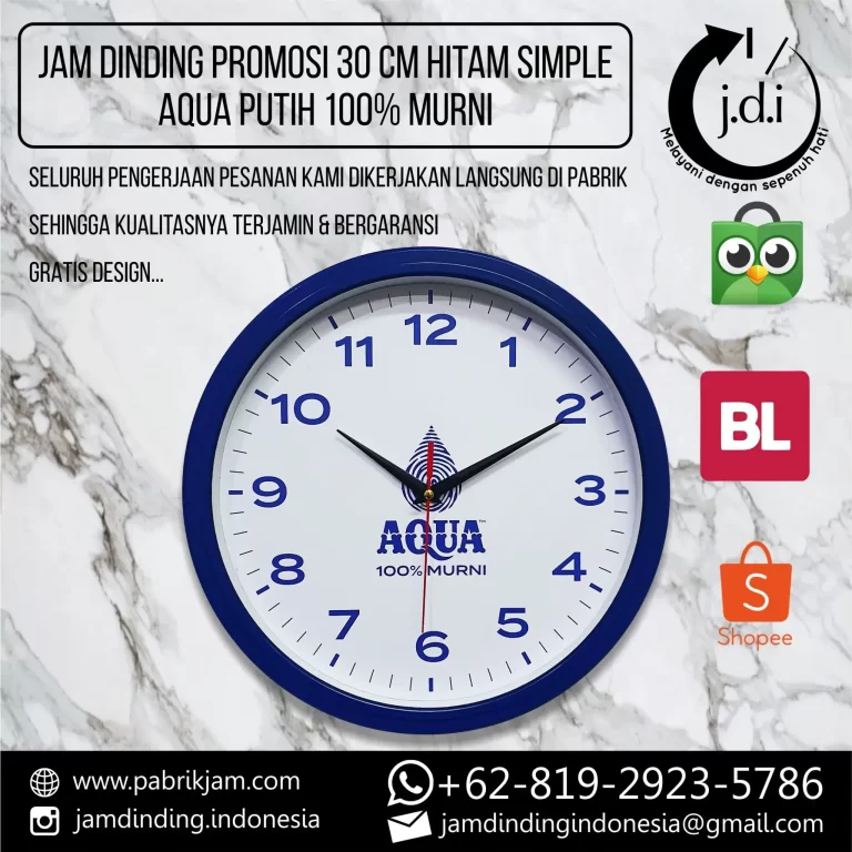 Jam dinding Aqua putih custom dengan diameter 30 cm, logo Aqua 100% murni.