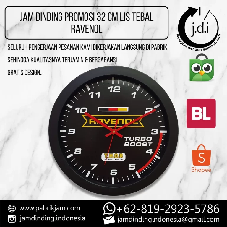 Jam dinding Ravenol 32cm dengan lis tebal dan desain modern minimalis, ideal untuk promosi bisnis.