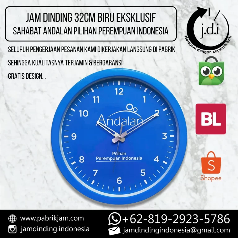 Jam dinding sahabat andalan 32cm berwarna biru eksklusif dengan logo custom, pilihan tepat untuk branding perusahaan.