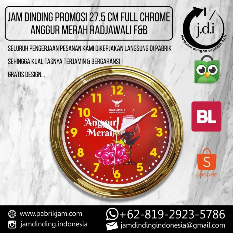 Jam dinding anggur merah Radjawali 27.5 cm full chrome dengan logo eksklusif Radjawali Food & Beverage.