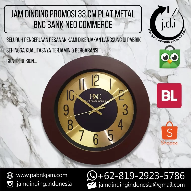Jam dinding Bank Neo Commerce berdiameter 33cm dengan dial metal dan finishing elegan, tersedia di https://pabrikjam.com.