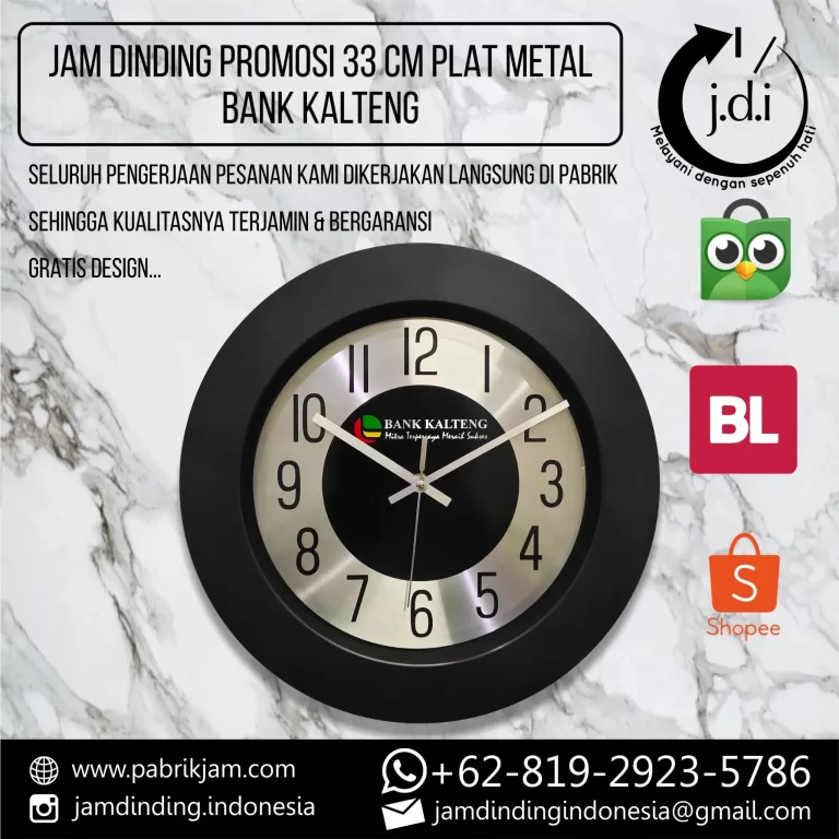 Jam dinding bank Kalteng 33cm custom logo dengan desain elegan, berbahan metal silver yang eksklusif