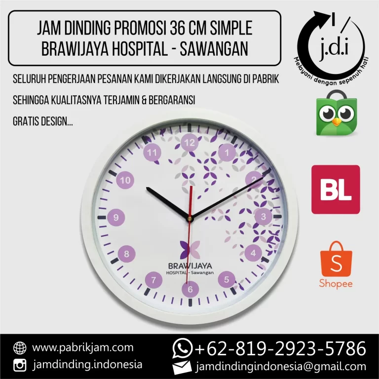 Jam dinding Brawijaya Hospital 36cm dengan desain custom logo elegan, ideal untuk branding rumah sakit.