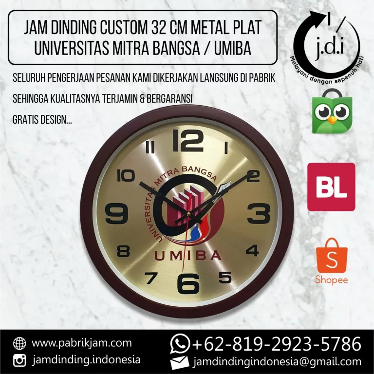 Jam dinding custom UMIBA 32 cm dengan logo Universitas Mitra Bangsa, bahan metal gold plat eksklusif, tersedia di https://pabrikjam.com.