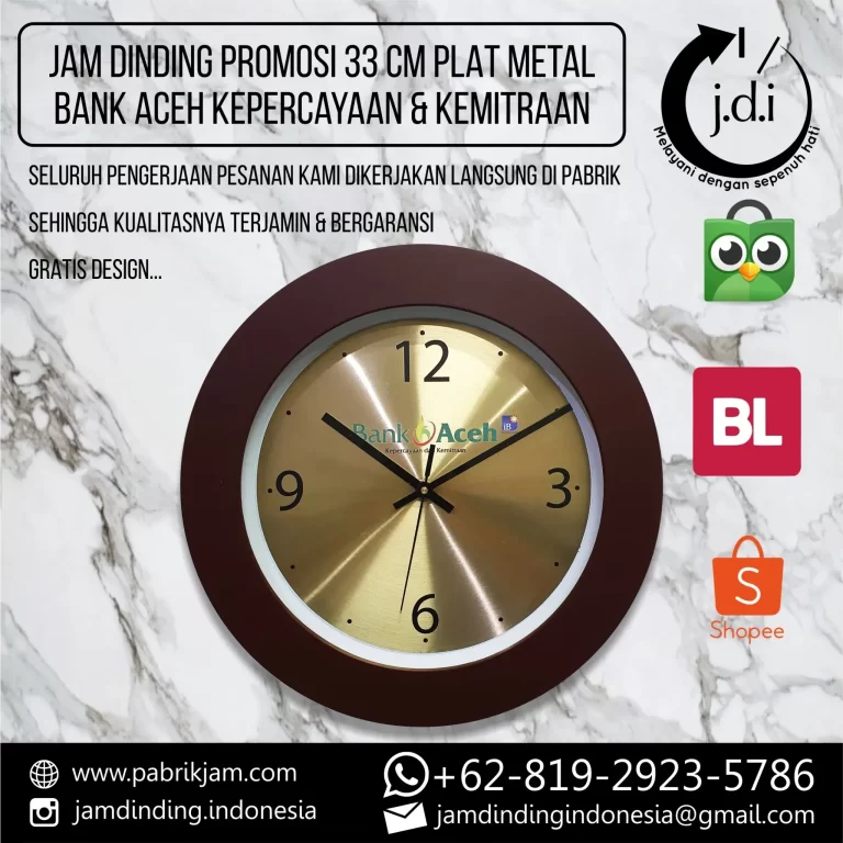 Souvenir Jam Dinding Bank Aceh 33 cm dari plat metal gold eksklusif – produk unggulan dari https://pabrikjam.com.