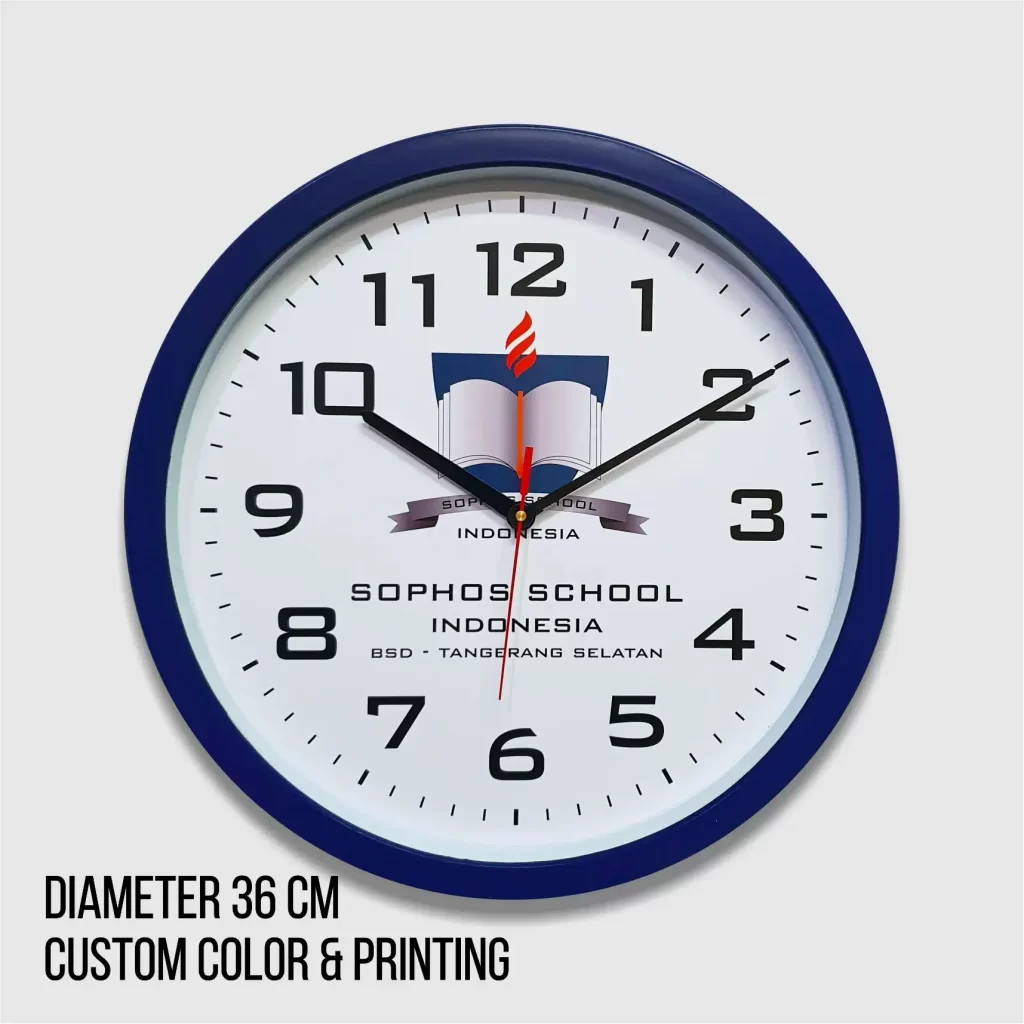 Jam dinding custom logo 36cm dengan desain eksklusif Sophos School Indonesia, diproduksi oleh https://pabrikjam.com.