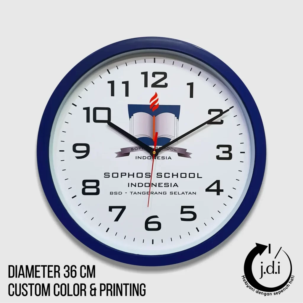 Jam dinding custom logo 36cm dengan desain eksklusif Sophos School Indonesia, diproduksi oleh https://pabrikjam.com.