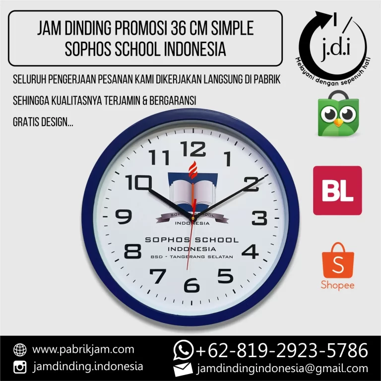 Jam dinding custom logo 36cm dengan desain eksklusif Sophos School Indonesia, diproduksi oleh https://pabrikjam.com.
