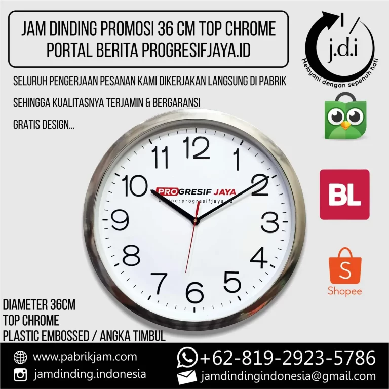 Jam Dinding Progresif Jaya 36cm dengan Angka Timbul dan Top Chrome Elegan, Produk Custom Logo untuk Branding Perusahaan dari https://pabrikjam.com.