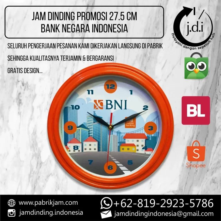 Souvenir jam dinding BNI custom logo diameter 27.5cm dengan desain eksklusif untuk promosi perusahaan. Pesan sekarang di https://pabrikjam.com.